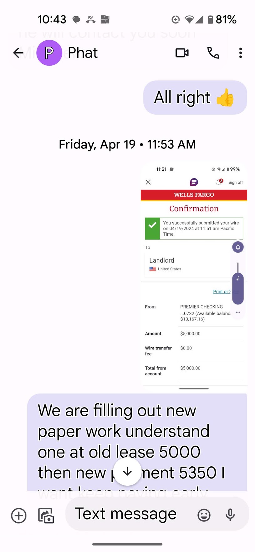 Text message confirming lease terms